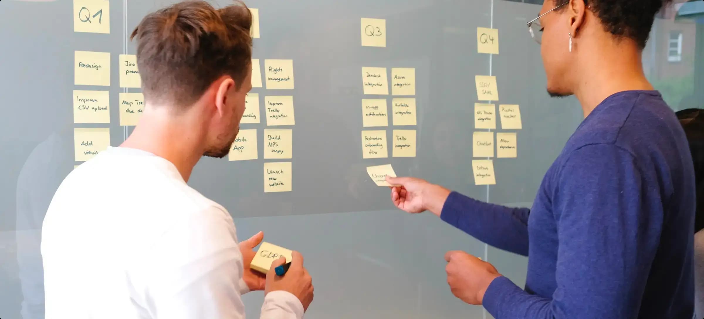 Two people putting up post-its on a wall.